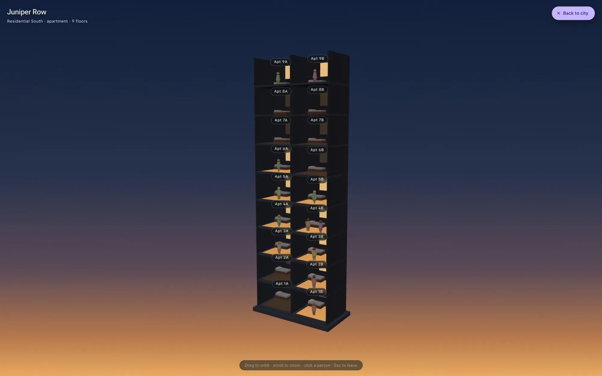 Dollhouse cutaway of Juniper Row, a nine-floor apartment building, showing residents in their homes.