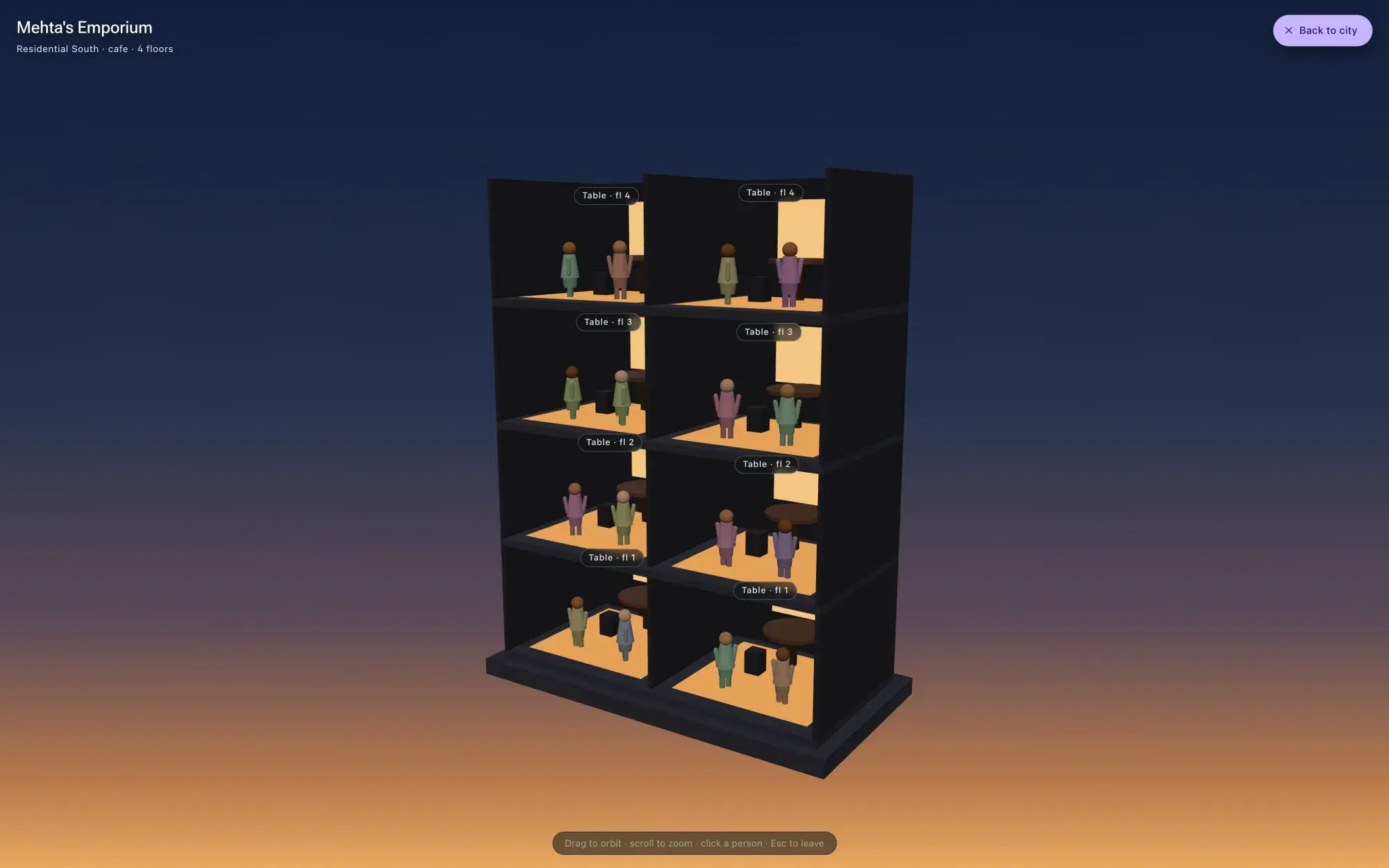 Dollhouse cutaway view of Mehta's Emporium, a four-floor café, with sixteen citizens standing in pairs at tables, mid-conversation.
