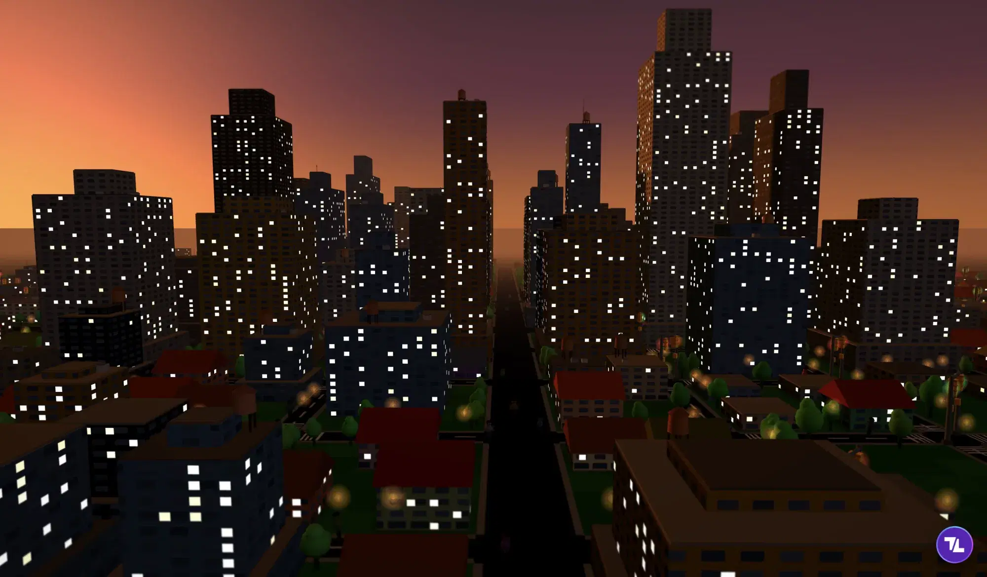 Down a zeldaCity avenue at dusk: towers glittering with lit windows on both sides, street lamps glowing along the residential blocks, an amber-to-violet sky.