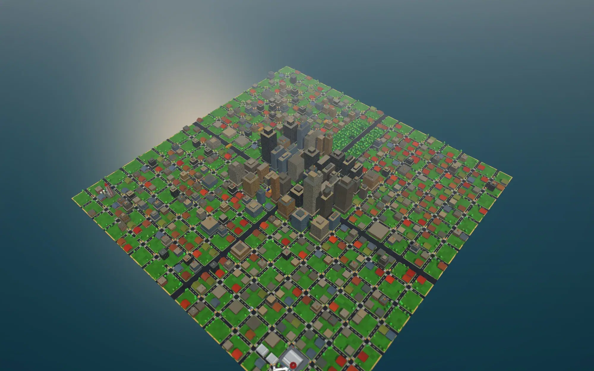 Aerial view of zeldaCity at noon: an island city with a downtown core, residential districts, parks and a harbour.
